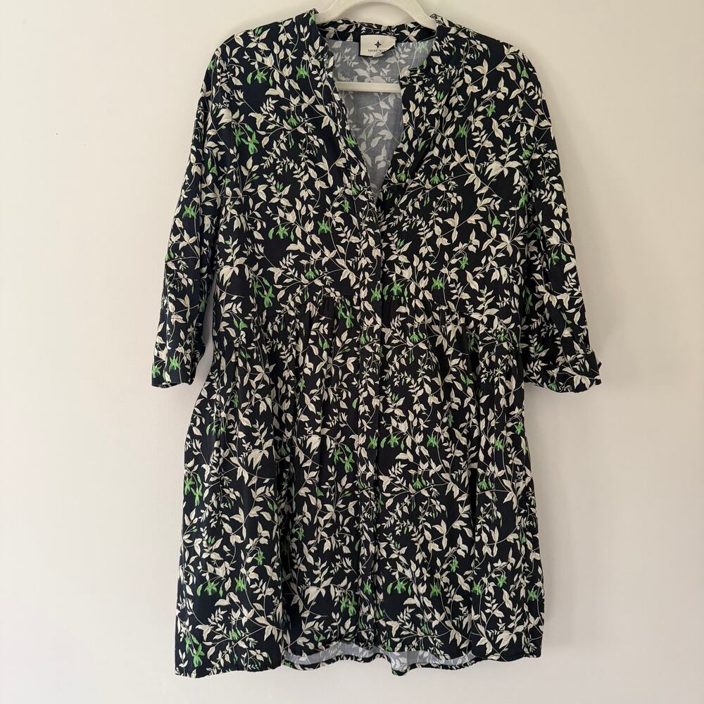 Tuckernuck Floral Tiered Dress Button Front Green Black Floral Cotton Sz Medium